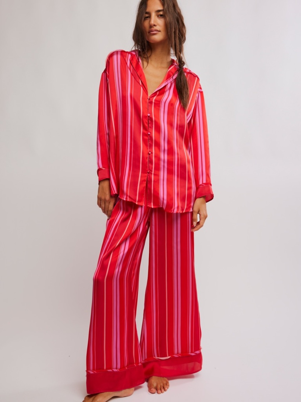Free People Red & Pink Striped Satin Pajama Set